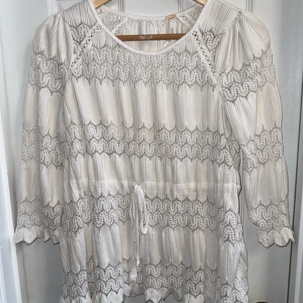 Free People Fire Island Top White S Crochet Embroidered Keyhole Peasant Boho